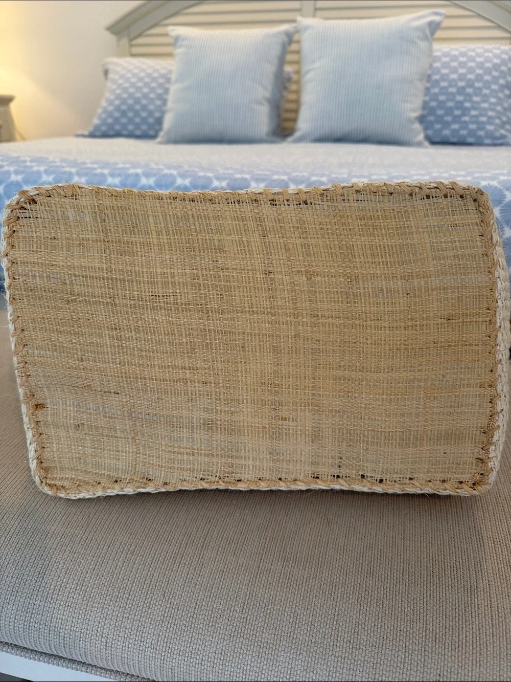 mar y sol Beige Straw Tote with Multicolor Stripes and Pom-Pom Accents
